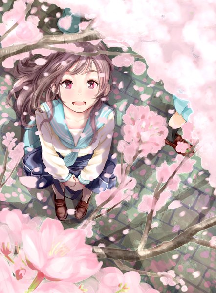 Anime picture 1013x1375 with original natsui tuna (tunatuna096) long hair tall image looking at viewer blush fringe open mouth smile red eyes brown hair standing holding pleated skirt from above cherry blossoms happy girl skirt uniform