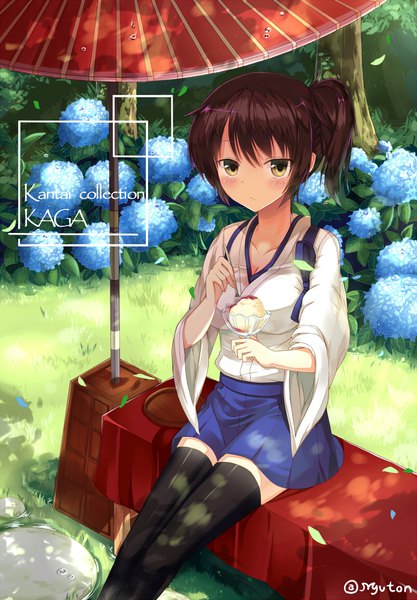 Anime picture 800x1151 with kantai collection kaga aircraft carrier myuton single tall image looking at viewer blush short hair brown hair sitting holding signed yellow eyes traditional clothes japanese clothes wide sleeves copyright name character names twitter username side ponytail