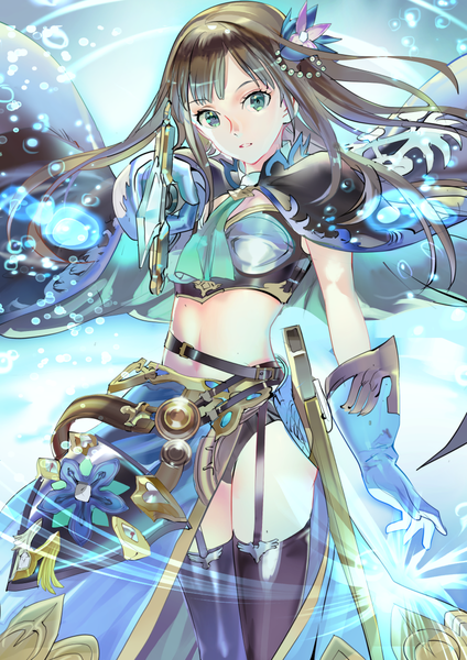 Anime picture 850x1202 with idolmaster idolmaster cinderella girls granblue fantasy shibuya rin 119 single long hair tall image looking at viewer fringe light erotic brown hair green eyes hair flower midriff outstretched arm glow girl thighhighs gloves