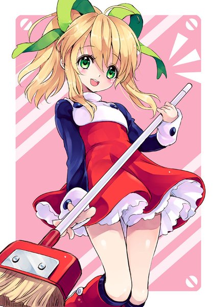 Anime picture 600x847 with rockman roll (rockman) yukiwo single long hair tall image blush fringe open mouth blonde hair hair between eyes green eyes payot looking away ahoge ponytail :d pink background framed girl