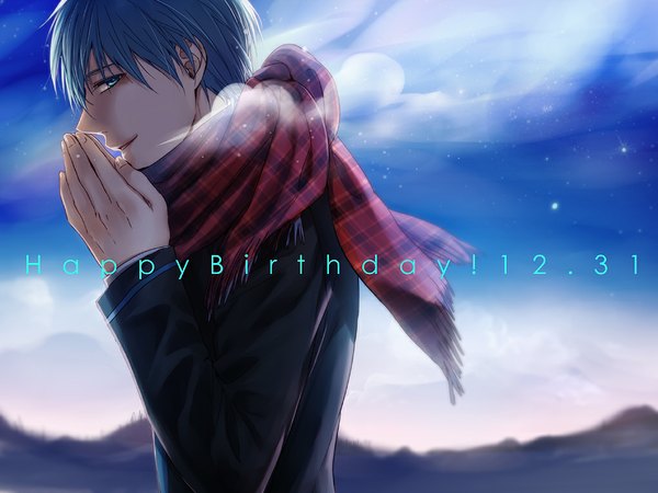 Anime picture 1020x765 with kuroko no basket production i.g kuroko tetsuya crelica (pixiv id 114714) single looking at viewer short hair blue eyes blue hair sky cloud (clouds) light smile text exhalation happy birthday boy scarf star (stars)