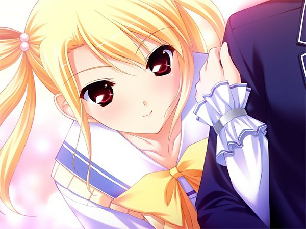 Anime picture 1024x768 with hoshiuta houjyou arisa fumio (ura fmo) blonde hair red eyes twintails game cg girl serafuku