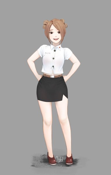 Anime picture 1299x2048 with original lyn (jubi) jubi (regiana) single tall image looking at viewer short hair open mouth simple background brown hair standing brown eyes signed payot full body grey background bare legs short sleeves hair bun (hair buns) character names