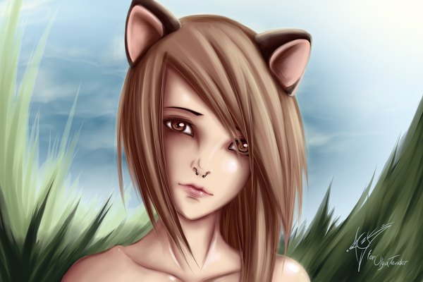 Anime picture 3000x2000 with zackargunov single long hair looking at viewer highres brown hair bare shoulders brown eyes animal ears lips piercing face nose piercing girl plant (plants) grass