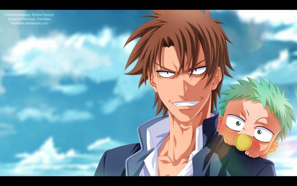 Anime picture 1127x708 with beelzebub studio pierrot oga tatsumi beelzebub iv tremblax short hair smile brown hair green eyes sky cloud (clouds) green hair black eyes grin coloring letterboxed boy suit child (children)