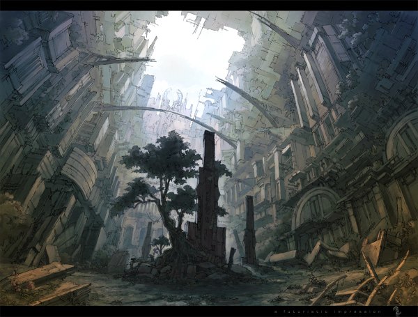 Anime picture 1200x911 with original k kanehira sky city no people fantasy ruins post-apocalyptic plant (plants) tree (trees) building (buildings) pillar arch chest