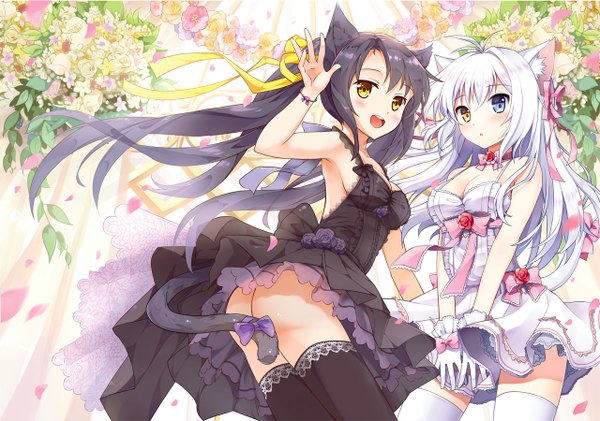Anime picture 1280x900 with original aina rive mauve long hair blush open mouth light erotic black hair twintails multiple girls animal ears yellow eyes white hair tail animal tail cat ears cat girl cat tail heterochromia girl