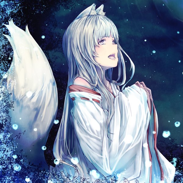 Anime picture 1680x1680 with original marumoru single long hair open mouth animal ears white hair tail traditional clothes animal tail night snowing looking up silver eyes girl detached sleeves