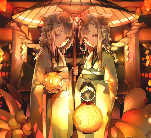 Anime picture 1800x1645 with original ayatoki-1 long hair looking at viewer fringe highres open mouth brown hair standing multiple girls holding brown eyes animal ears payot upper body tail braid (braids) nail polish traditional clothes head tilt