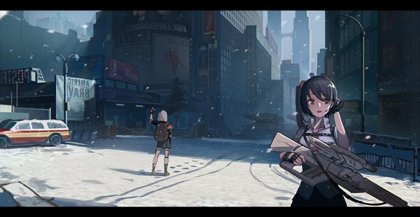 Anime picture 5840x3026 with original doitsu no kagaku looking at viewer fringe highres short hair black hair hair between eyes wide image standing multiple girls brown eyes absurdres arm up grey hair from behind sunlight shadow text city