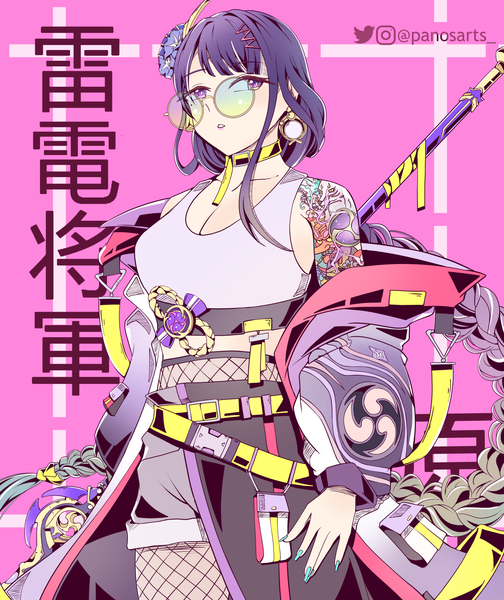 Anime picture 1260x1500 with genshin impact raiden shogun panos (ssgpanos) single long hair tall image breasts standing purple eyes signed looking away cleavage purple hair upper body braid (braids) nail polish off shoulder mole open jacket tattoo