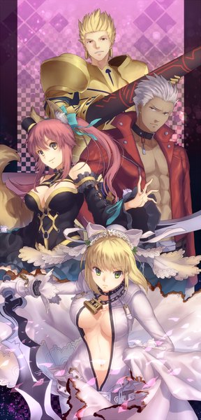 Anime picture 1024x2133 with fate (series) fate/extra fate/extra ccc type-moon nero claudius (fate) (all) tamamo (fate) (all) tamamo no mae (fate) gilgamesh (fate) archer (fate) nero claudius (bride) (fate) ganov long hair tall image short hair breasts light erotic blonde hair red eyes multiple girls green eyes