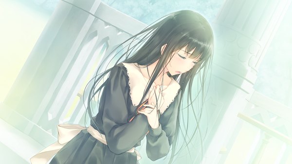 Anime picture 1280x720 with flowers (innocent grey) innocent grey shirahane suou single long hair blush open mouth black hair wide image game cg eyes closed tears girl dress