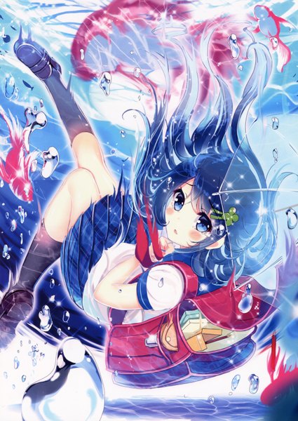 Anime picture 2123x2996 with original akabane (zebrasmise) single long hair tall image looking at viewer blush highres blue eyes blue hair scan underwater girl skirt uniform animal socks serafuku black socks bubble (bubbles)