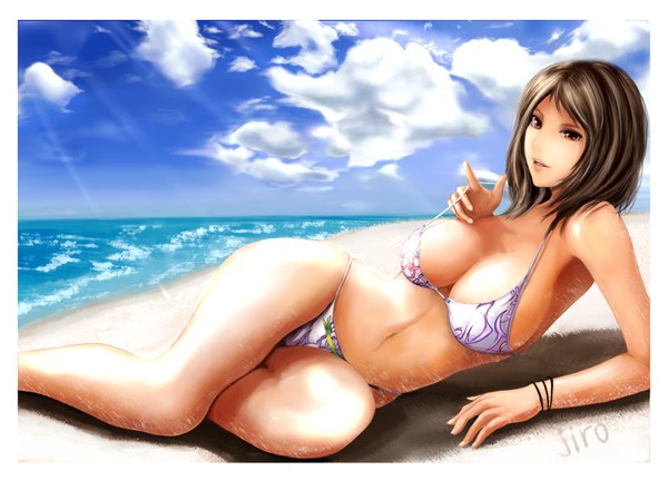 Anime picture 1600x1150 with original jiro (artist) short hair breasts light erotic brown hair large breasts brown eyes sky cloud (clouds) beach girl navel swimsuit bikini water sea