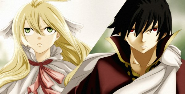 Anime picture 1277x650 with fairy tail mavis vermillion zeref godslayer777 (artist) long hair looking at viewer short hair black hair blonde hair red eyes wide image green eyes looking up face multiview manga girl boy