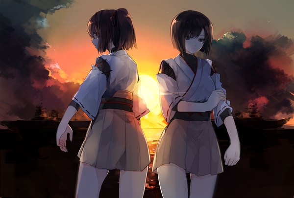Anime picture 1000x675 with kantai collection hyuuga battleship ise battleship ise (kantai collection) hyuuga (kantai collection) asuna (i luv) short hair brown hair multiple girls brown eyes looking away sky cloud (clouds) ponytail traditional clothes profile evening sunset girl 2 girls