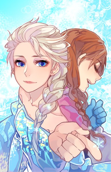 Anime picture 825x1275 with frozen (disney) disney elsa (frozen) anna (frozen) curryuku long hair tall image open mouth blue eyes blonde hair brown hair bare shoulders multiple girls braid (braids) eyes closed profile siblings back to back sisters messy hair