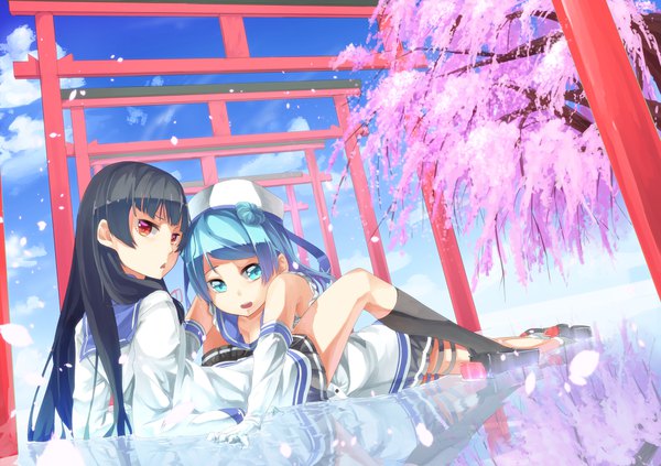 Anime picture 2006x1416 with kantai collection isokaze destroyer urakaze destroyer saraki long hair looking at viewer fringe highres open mouth blue eyes black hair red eyes multiple girls blue hair sky blunt bangs pleated skirt arm support :o cherry blossoms