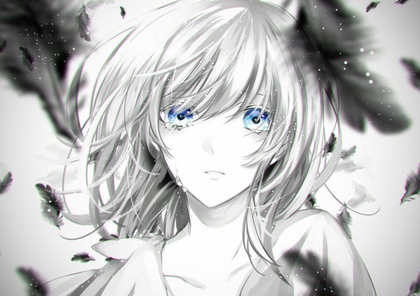 Anime picture 800x565 with original umeno shii single long hair looking at viewer fringe blue eyes simple background silver hair tears monochrome girl feather (feathers) teardrop