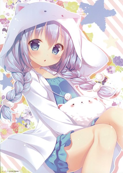 Anime picture 2417x3403 with gochuumon wa usagi desu ka? white fox kafuu chino tippy (gochiusa) mitsumomo mamu single long hair tall image looking at viewer blush highres blue eyes blue hair braid (braids) loli girl dress