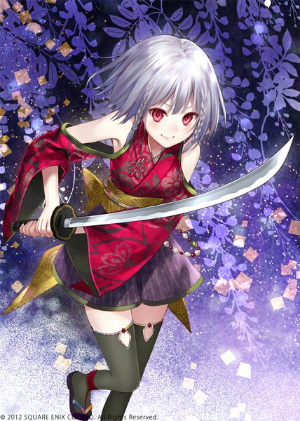 Anime picture 714x1000 with million arthur (series) kaku-san-sei million arthur square enix fukahire (ruinon) single tall image looking at viewer blush short hair smile red eyes silver hair traditional clothes girl thighhighs dress flower (flowers) weapon black thighhighs plant (plants)