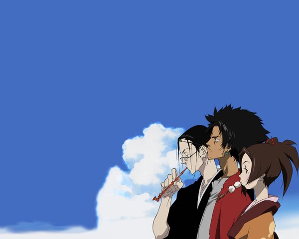 Anime picture 1280x1024 with samurai champloo mugen (samurai champloo) jinnosuke fuu (samurai champloo) long hair short hair black hair brown hair sky cloud (clouds) japanese clothes profile smoking girl boy glasses kimono