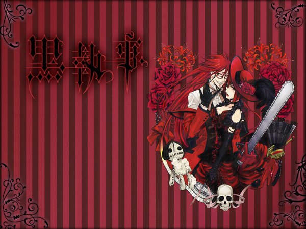 Anime picture 1152x864 with kuroshitsuji a-1 pictures grell sutcliff angelina durless (madame red) long hair short hair red eyes green eyes red hair teeth sharp teeth striped background girl boy hat glasses rose (roses) fan skull doll (dolls)