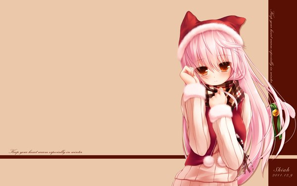 Anime picture 3200x2000 with original shia flatpaddy syroh single long hair looking at viewer blush highres red eyes wide image standing animal ears pink hair cat ears cat girl cat tail girl ribbon (ribbons) scarf fur