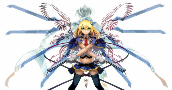 Anime picture 1207x635 with blazblue blazblue: chronophantasma noel vermillion nu-13 shion (kizuro) long hair open mouth simple background blonde hair wide image white background multiple girls green eyes silver hair braid (braids) very long hair midriff back to back mecha musume girl
