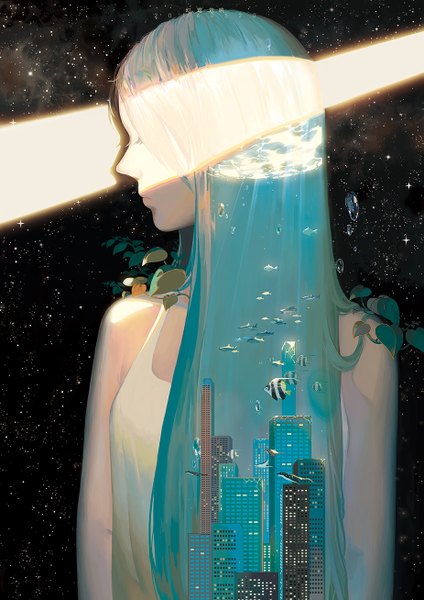 Anime picture 925x1308 with original sarnath single long hair tall image sky upper body eyes closed profile lips aqua hair sleeveless city dated light shaded face cityscape glow space sad