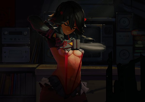 Anime picture 1754x1240 with kill la kill studio trigger matoi ryuuko lanlanlu single highres short hair breasts light erotic black hair cleavage red hair multicolored hair two-tone hair streaked hair underboob dark background girl skirt gloves