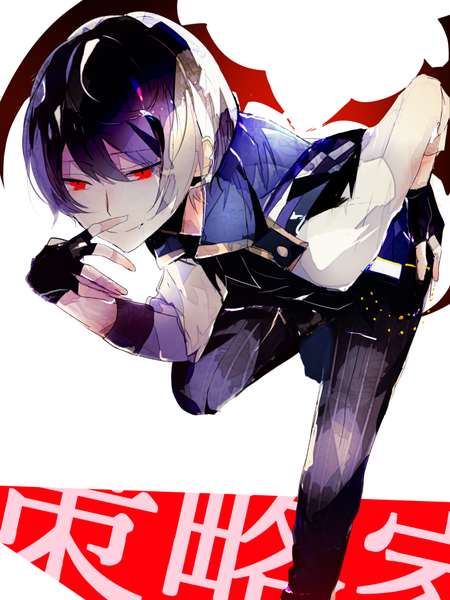 Anime picture 700x933 with ensemble stars! sakuma ritsu poni (rito) single tall image fringe short hair smile hair between eyes red eyes looking away purple hair bent knee (knees) fang (fangs) leaning leaning forward hand on hip boy gloves wings