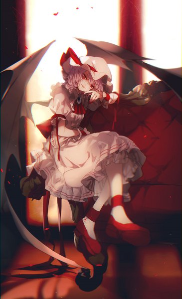 Anime picture 1000x1641 with touhou remilia scarlet no-kan single tall image looking at viewer fringe short hair smile red eyes sitting purple hair full body bent knee (knees) indoors parted lips head tilt blurry shadow depth of field