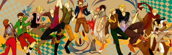 Anime picture 3091x1000 with axis powers hetalia studio deen united kingdom (hetalia) japan (hetalia) america (hetalia) russia (hetalia) prussia (hetalia) china (hetalia) germany (hetalia) north italy (hetalia) france (hetalia) spain (hetalia) south italy (hetalia) highres short hair open mouth blue eyes black hair blonde hair smile