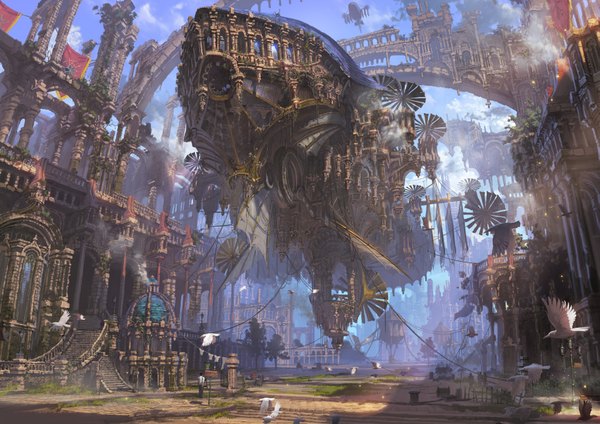 Anime picture 3638x2572 with original reishin highres absurdres sky fantasy scenic animal bird (birds) building (buildings) aircraft people airship