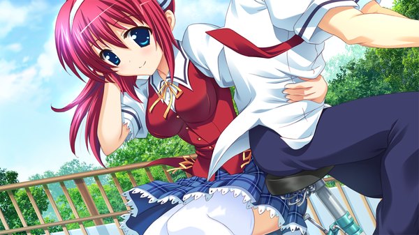 Anime picture 1024x576 with love-bride eve long hair blue eyes wide image game cg red hair girl thighhighs white thighhighs serafuku