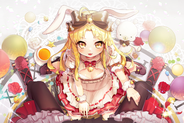 Anime picture 975x650 with sword girls gio (maroon0924) long hair blush fringe open mouth blonde hair sitting multiple girls animal ears yellow eyes bent knee (knees) from above bunny ears bunny girl girl dress flower (flowers) bow 2 girls