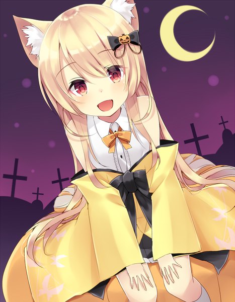 Anime picture 810x1040 with original komomo (ptkrx) single long hair tall image looking at viewer fringe open mouth blonde hair red eyes bare shoulders animal ears leaning leaning forward halloween crescent girl hair ornament detached sleeves socks