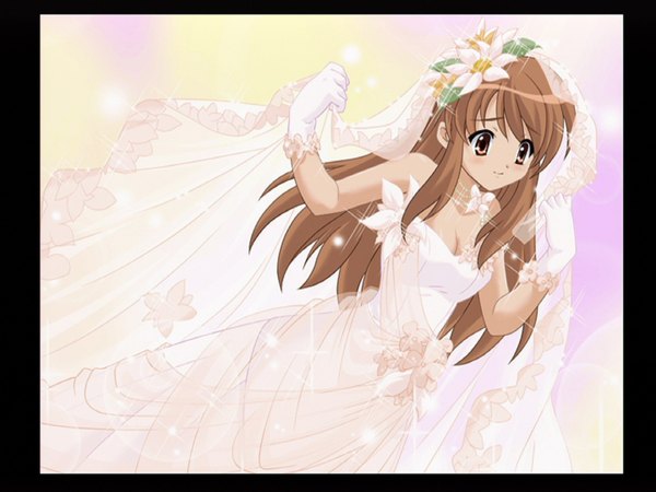 Anime picture 1440x1080 with suzumiya haruhi no yuutsu kyoto animation asahina mikuru long hair brown hair brown eyes girl dress gloves flower (flowers) wedding dress veil