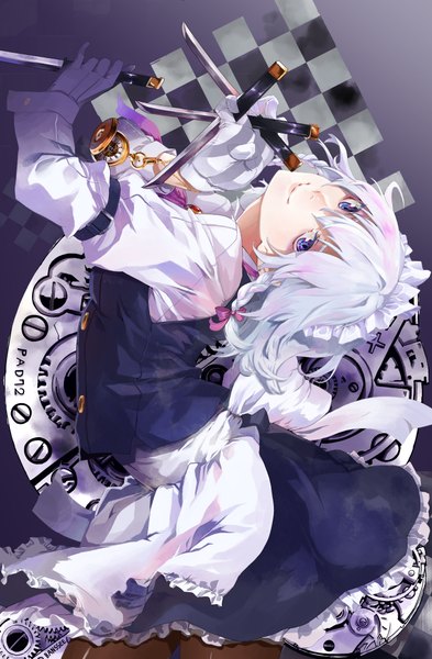 Anime picture 2796x4265 with touhou izayoi sakuya banssee single tall image looking at viewer highres short hair smile standing purple eyes holding white hair braid (braids) maid twin braids dual wielding checkered girl gloves