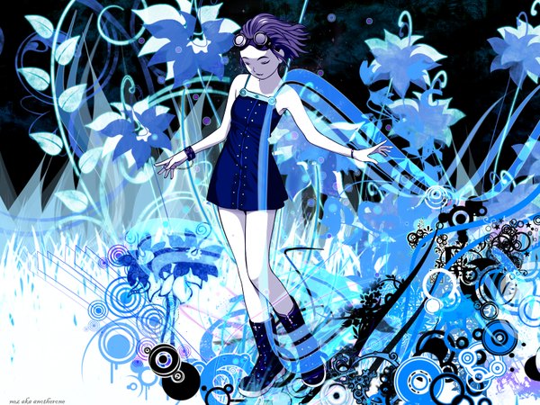 Anime picture 1600x1200 with range murata single short hair signed eyes closed wind sleeveless spread arms girl dress boots bracelet