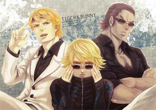 Anime picture 1200x848 with tiger & bunny sunrise (studio) ivan karelin keith goodman antonio lopez iduhara open mouth blue eyes blonde hair brown hair group crossed arms sidewhiskers boy shirt sunglasses suit black shirt