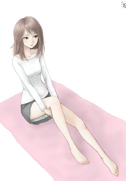 Anime picture 749x1074 with original erurodo (artist) single tall image fringe short hair simple background brown hair white background sitting brown eyes looking away long sleeves barefoot arm support bare legs legs leg hug leg hold girl