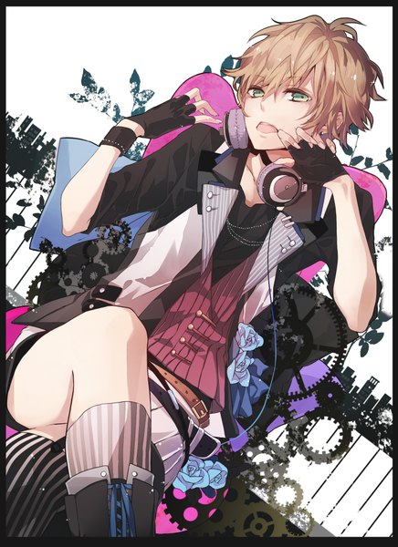 Anime picture 1530x2106 with original asasumiboochan single tall image looking at viewer fringe short hair open mouth brown hair sitting green eyes teeth crossed legs border striped lacing thighhighs boy gloves flower (flowers)