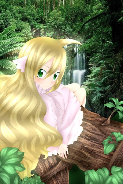 Anime picture 2500x3731 with fairy tail mavis vermillion mmdlucyextend single long hair tall image blush highres blonde hair green eyes ahoge looking back light smile loli coloring waterfall photo background girl dress plant (plants)