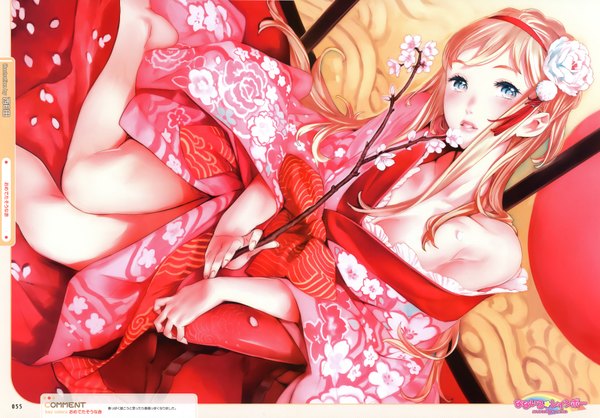 Anime picture 3500x2444 with nishieda single long hair looking at viewer blush highres blue eyes blonde hair bare shoulders absurdres cleavage japanese clothes hair flower scan cherry blossoms girl hair ornament flower (flowers) petals kimono