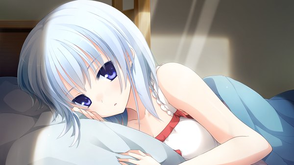 Anime picture 1920x1080 with imouto no katachi meta long hair highres blue eyes wide image bare shoulders game cg white hair lying girl