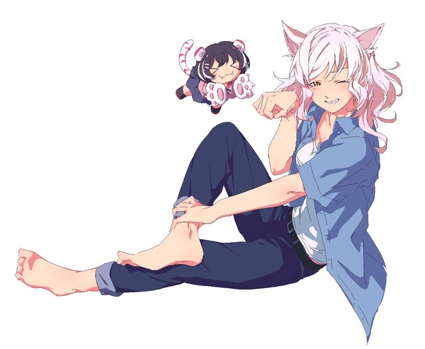 Anime picture 1550x1274 with bakemonogatari shaft (studio) monogatari (series) hanekawa tsubasa black hanekawa kotobukidaifuku single blush short hair breasts black hair sitting animal ears white hair tail eyes closed animal tail barefoot cat ears open clothes