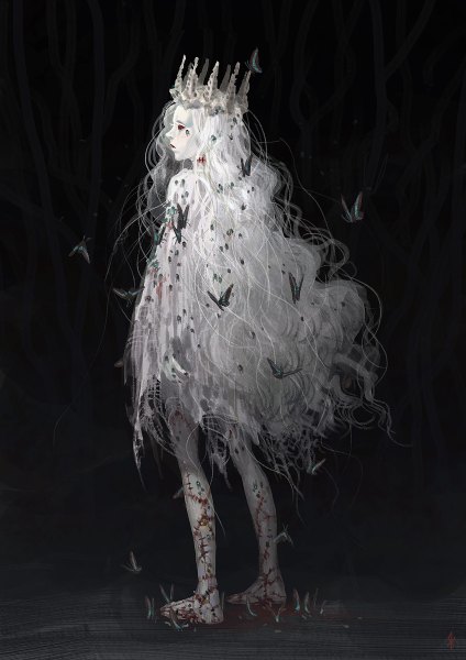 Anime picture 848x1200 with original seeker long hair tall image simple background red eyes signed looking away white hair scar pale skin guro girl insect butterfly blood crown